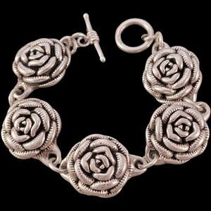 Vintage Sterling 3D Rose Flower Design Link Bracelet